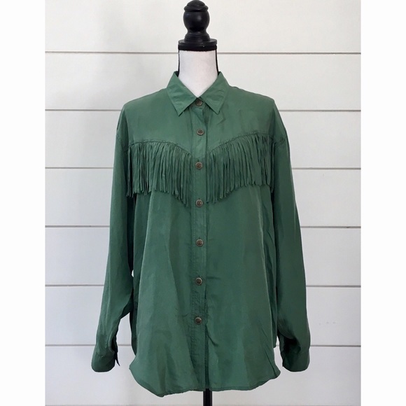 SOLD : Vintage 90s Silk Western Fringe Button Down - Picture 2 of 6